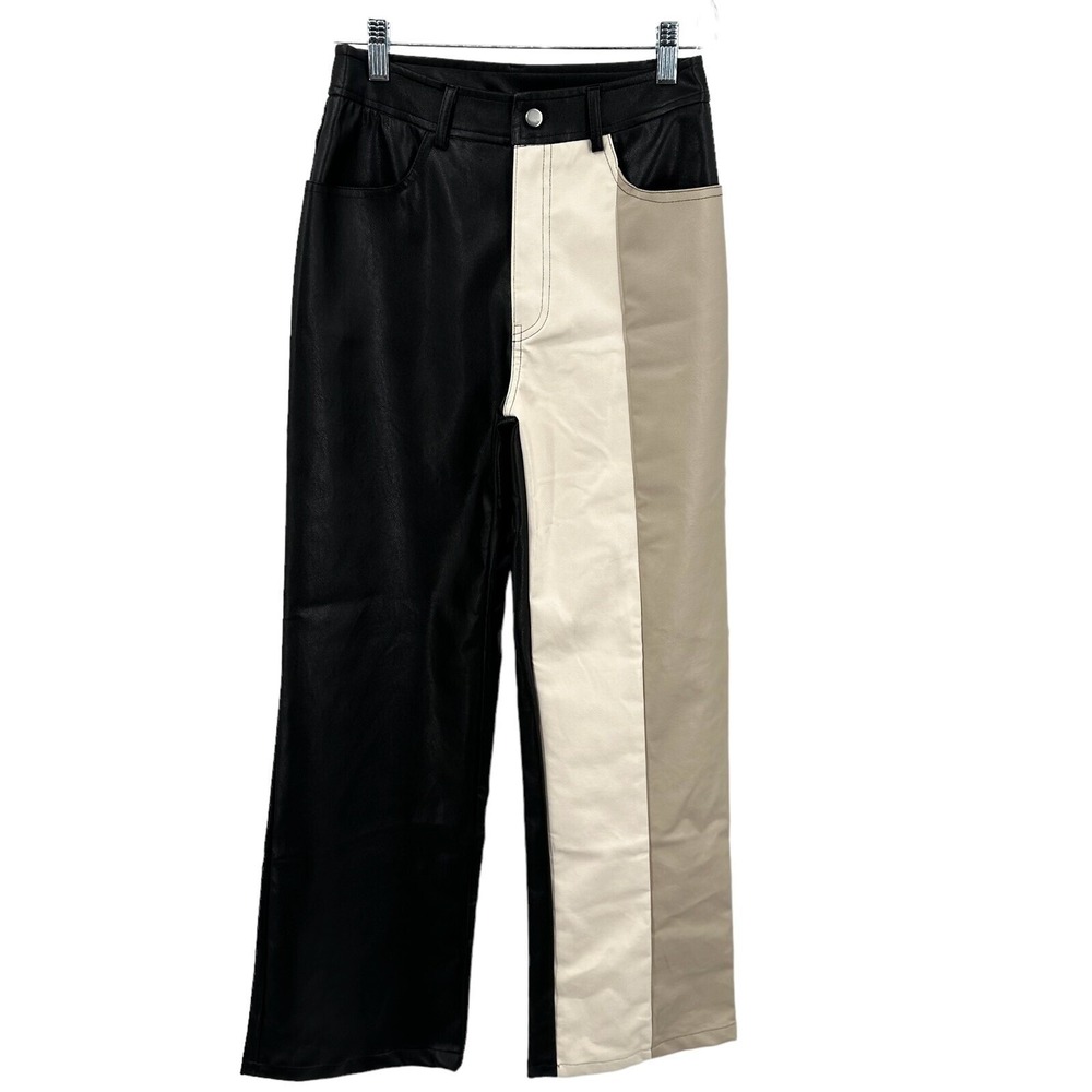 Bailey Rose Colorblock Faux Leather Pants Black Cream Tan BRP0708 Womens Small